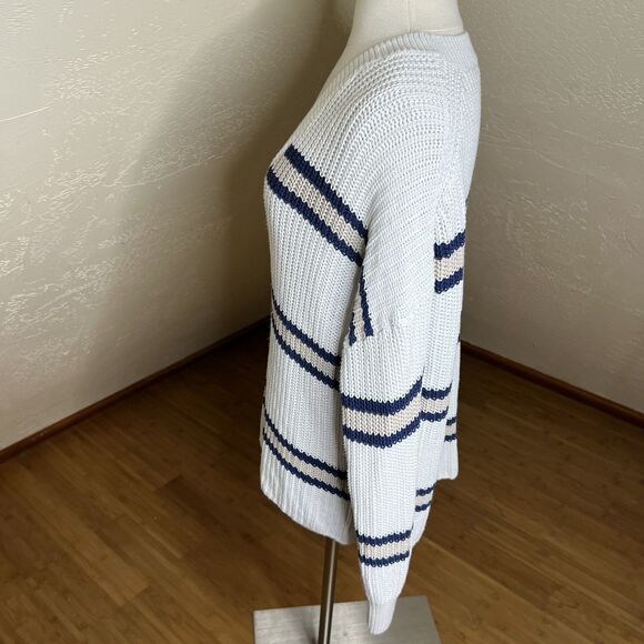 360 Cashmere Sweater Womens L White Navy Beige Stripe V Neck Drop Shoulder Knit - Picture 9 of 10
